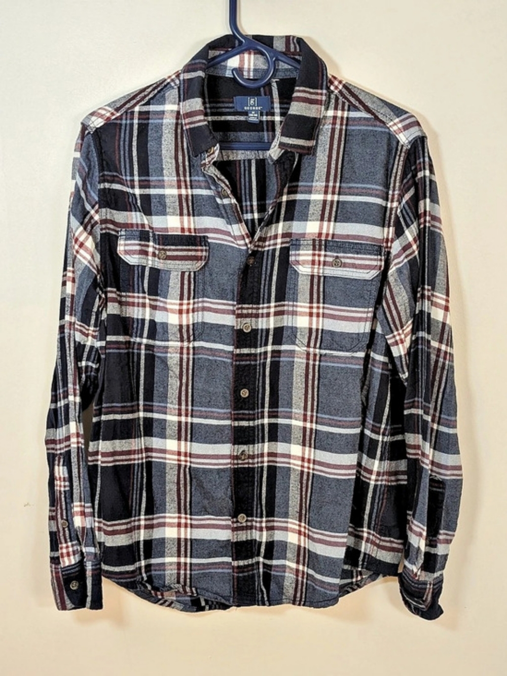 George Men's Long Sleeve Flannel Shirt Dark Blue & Red Medium